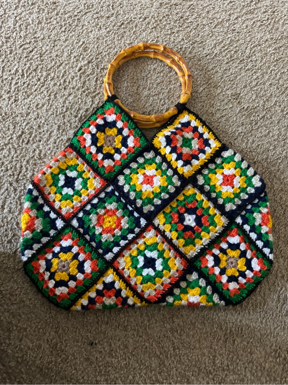 Handmade Multicolor Crochet Women’s Bag with Bamboo Handles